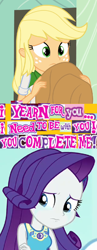 Size: 526x1354 | Tagged: safe, artist:horsesplease, applejack, rarity, equestria girls, caption, crying, expand dong, exploitable meme, female, friendship, image macro, imminent fusion, lesbian, lonely, meme, obsession, rarijack, sad, shipping, story included, text