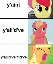 Size: 497x600 | Tagged: safe, edit, edited screencap, screencap, apple bloom, applejack, big macintosh, earth pony, pony, meme, text, yaint, yelling