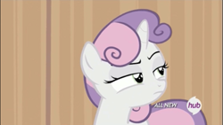 Size: 1334x750 | Tagged: safe, screencap, sweetie belle, pony, unicorn, for whom the sweetie belle toils, female, filly, foal, frown, hub logo, listening, multicolored mane, raised eyebrow, solo, squint, suspicious, sweetie belle is not amused, unamused