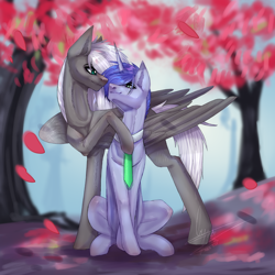 Size: 5000x5000 | Tagged: artist needed, source needed, safe, oc, oc only, oc:enuil horman, oc:lane forts, pegasus, unicorn, cherry blossoms, eye contact, flower, flower blossom, gay, leaves, looking at each other, male, necktie, tree