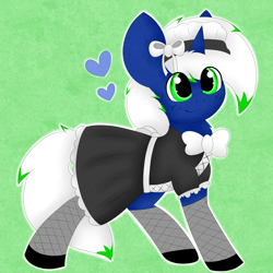 Size: 3000x3000 | Tagged: safe, artist:pegamutt, oc, oc:mimic, changeling, hybrid, pony, unicorn, bow, clothes, crossdressing, fishnet stockings, maid, male, socks, solo, stallion, submissive, ych result