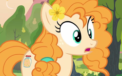 Size: 1148x720 | Tagged: safe, screencap, pear butter, earth pony, pony, the perfect pear, flower, flower in hair, pear tree, solo, tree