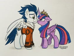 Size: 3101x2353 | Tagged: safe, artist:boyoxhot, soarin', twilight sparkle, twilight sparkle (alicorn), alicorn, pegasus, pony, clothes, crown, female, jacket, jewelry, male, mare, nuzzles, regalia, shipping, smiling, soarlight, stallion, straight, traditional art