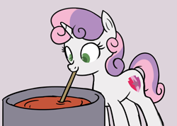 Size: 1928x1374 | Tagged: safe, artist:thehuskylord, sweetie belle, pony, unicorn, cooking, cutie mark, female, filly, food, ladle, mouth hold, simple background, smiling, solo, soup, sweetie belle can't cook, sweetie fail, this will end in food poisoning