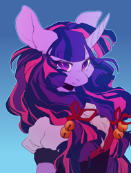 Size: 1280x1683 | Tagged: safe, artist:yuyusunshine, twilight sparkle, anthro, bells, bust, clothes, colored pupils, cute, ear fluff, eyebrows visible through hair, female, gradient background, long hair, ribbon, simple background, twiabetes