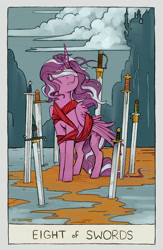 Size: 2284x3508 | Tagged: safe, artist:cuttledreams, diamond tiara, alicorn, pony, eight of swords, fanfic art, pony pov series, race swap, solo, sword, tarot card, weapon