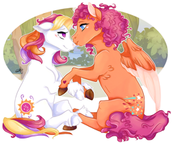 Size: 1200x1005 | Tagged: safe, artist:artsiepeach, artist:your-super-paper-grandma, sparkleworks, sunny daze (g3), earth pony, pegasus, pony, g3, couple, cute, female, holding hooves, kissing, lesbian, looking at each other, mare, shipping, sitting