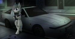 Size: 3093x1637 | Tagged: safe, artist:kamithepony, oc, oc:throttle track, cyborg, pony, the sunjackers, canterlot, car, cigarette, clothes, cyberpunk, mitsubishi starion, solo