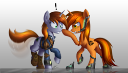 Size: 2500x1444 | Tagged: safe, artist:duskie-06, oc, oc only, oc:duskie, oc:littlepip, pony, unicorn, fallout equestria, boop, clothes, duo, exclamation point, fanfic, fanfic art, female, grin, gritted teeth, hooves, horn, mare, pipbuck, simple background, smiling, vault suit, white background