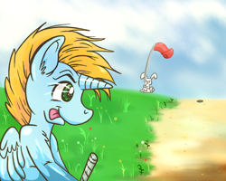 Size: 1024x819 | Tagged: safe, artist:shinkuma, angel bunny, oc, oc only, oc:harmony star, alicorn, pony, rabbit, :p, alicorn oc, animal, golf, male, sports, stallion, tongue out