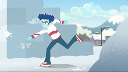 Size: 1280x720 | Tagged: safe, screencap, curly winds, some blue guy, better together, equestria girls, holidays unwrapped, background human, male, shoes, sneakers, snow, snowball