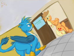 Size: 2048x1536 | Tagged: safe, artist:frist44, applejack, gallus, earth pony, griffon, pony, fanfic:rewarding punishment, butt, cover art, door, dummy thicc, fanfic art, fanfic in the description, female, gallass, galljack, imminent sex, jojo's bizarre adventure, leaning, male, office, oh you're approaching me, shipping, smug, straight, teacher and student