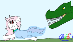 Size: 1463x850 | Tagged: safe, artist:dao, oc, oc:snowiine blurose, dinosaur, pony, unicorn, cape, clothes, jewelry, necklace, running, scared, solo