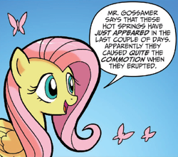 Size: 610x539 | Tagged: safe, artist:tonyfleecs, idw, fluttershy, butterfly, insect, pegasus, pony, ponies of dark water, spoiler:comic, spoiler:comic43, blue background, cropped, female, mare, mr. gossamer, official comic, simple background, speech bubble