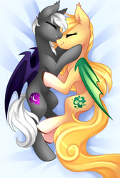 Size: 900x1340 | Tagged: safe, artist:scarlet-spectrum, derpibooru import, oc, oc only, oc:amethyst sky, oc:sunflower meadows, bat pony, pony, bat pony oc, bed, cute, cute little fangs, fangs, female, hug, lesbian, oc x oc, on bed, shipping, sleeping