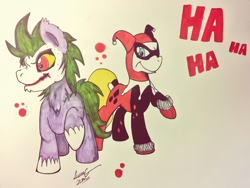 Size: 816x612 | Tagged: safe, artist:lucas_gaxiola, pony, clothes, clown, duo, female, harley quinn, hat, male, mare, ponified, raised hoof, signature, stallion, text, the joker, traditional art, unshorn fetlocks