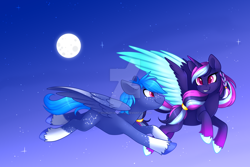 Size: 1280x853 | Tagged: safe, artist:scarlet-spectrum, derpibooru import, oc, oc only, oc:cosmosis, oc:starwatcher, alicorn, pegasus, pony, alicorn oc, female, flying, male, mare, moon, night, siblings, stallion, stars, watermark