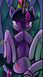 Size: 450x800 | Tagged: safe, artist:pencils, twilight sparkle, twilight sparkle (alicorn), alicorn, pony, comic:marble mare manquee, cropped, crossed hooves, gendo pose, hooves together, sinister, sitting, solo, wings