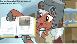 Size: 1280x729 | Tagged: safe, edit, edited screencap, screencap, pony, frenemies (episode), book, dialogue, friendship journal, helmet, linking book, linking panel, myst, relto, rusty bucket, speech, uru