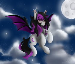 Size: 2600x2200 | Tagged: safe, artist:cottonsweets, oc, oc only, oc:dm sm, bat pony, chest fluff, eye clipping through hair, fluffy, flying, moon, night, original character do not steal, smiling, solo, spread wings, wings