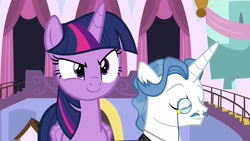 Size: 1920x1080 | Tagged: safe, screencap, fancypants, twilight sparkle, twilight sparkle (alicorn), alicorn, pony, between dark and dawn, >:), canterlot castle, evil grin, eyes closed, nodding, smiling