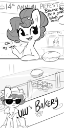 Size: 1500x3000 | Tagged: safe, artist:tjpones, edit, oc, oc only, oc:brownie bun, oc:gerdie, earth pony, griffon, pony, clothes, comic, dialogue, female, food, grayscale, hat, implied theft, jewelry, mare, monochrome, necklace, offscreen character, pearl necklace, pie, simple background, sunglasses, trenchcoat, white background