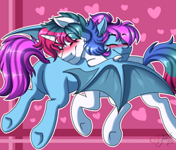 Size: 3500x3000 | Tagged: safe, artist:jack-pie, oc, oc only, bat pony, pony, unicorn, bat pony oc, blushing, commission, eyes closed, female, high res, male, mare, oc x oc, shipping, stallion, straight, underhoof