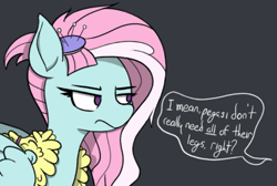 Size: 1249x840 | Tagged: safe, artist:pinkberry, kerfuffle, pegasus, pony, rainbow roadtrip, clothes, colored, dark background, female, glare, kerfuffle is not amused, mare, simple shading, solo, text, unamused