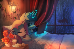 Size: 3000x2000 | Tagged: safe, artist:freeedon, oc, oc only, pony, unicorn, animated in description, bed, bedroom, commission, cup, female, food, glass, in bed, light, lying down, magic, male, mare, night, oc x oc, rain, shipping, smiling, stallion, straight, telekinesis, window