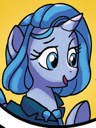 Size: 330x440 | Tagged: safe, artist:tonyfleecs, idw, pony, unicorn, from the shadows, spoiler:comic, spoiler:comic52, cropped, female, mare, official comic, simple background, unnamed character, unnamed pony, yellow background