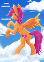 Size: 2000x2800 | Tagged: safe, artist:gab0o0, scootaloo, pegasus, pony, best young flyers competition, crown, cutie mark, dock, frog (hoof), jewelry, looking at you, looking back, looking back at you, older, older scootaloo, plot, rearing, regalia, scootaloo can fly, smug, solo, spread wings, standing, the cmc's cutie marks, underhoof, wings