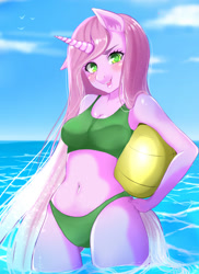 Size: 1259x1732 | Tagged: safe, artist:kirani, derpibooru import, oc, oc only, anthro, unicorn, anthro oc, ball, beach, belly button, bikini, blushing, clothes, cloud, female, green swimsuit, sky, solo, swimsuit, water, ych result
