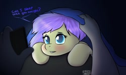 Size: 1199x720 | Tagged: safe, artist:almond evergrow, oc, pony, bed, bed sheets, female, late, mare, night, phone, sleepy, solo