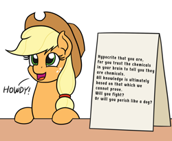 Size: 1100x900 | Tagged: safe, artist:mkogwheel edits, edit, applejack, earth pony, pony, applejack's sign, cute, dawwww, exploitable meme, female, howdy, jackabetes, leaning, looking up, mare, meme, open mouth, sign, simple background, smiling, solo, table, text, weapons-grade cute, white background, will you fight? or will you perish like a dog?