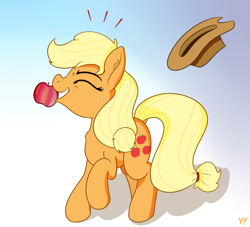 Size: 3000x2728 | Tagged: safe, artist:yakoshi, applejack, earth pony, pony, apple, body freckles, chest fluff, eyes closed, female, food, freckles, gradient background, happy, hat, high res, mare, mouth hold, raised hoof, solo