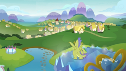 Size: 1920x1080 | Tagged: safe, derpibooru import, screencap, sludge (g4), spike, dragon, father knows beast, balcony, discovery family logo, duo, male, mountain, ponyville, ponyville town hall, scenery, school of friendship, sky, twilight's castle, winged spike, wings