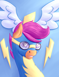 Size: 1000x1300 | Tagged: safe, alternate version, artist:aterhut, scootaloo, pony, bust, clothes, female, goggles, looking at you, mare, older, older scootaloo, smiling, solo, uniform, wonderbolts uniform