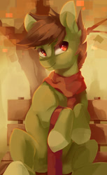 Size: 1178x1920 | Tagged: safe, artist:tangomangoes, oc, oc:olive hue, earth pony, pony, autumn, bench, clothes, scarf, solo