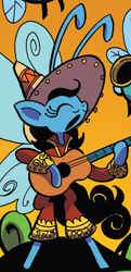 Size: 390x805 | Tagged: safe, artist:andypriceart, idw, breezie, spoiler:comic, spoiler:comic61, cropped, eyes closed, guitar, mariachi, musical instrument, official comic, orange background, playing instrument, simple background, solo focus, unnamed character