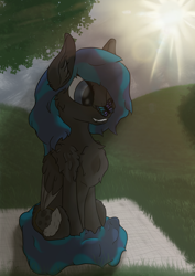 Size: 3508x4960 | Tagged: safe, artist:littlepony115, oc, oc:solar eclipse, pegasus, pony, cheek fluff, chest fluff, female, grass, grass field, leaves, leg fluff, lens flare, mare, mountain, mountain range, picnic, picnic blanket, smiling, solo, sun, tree, vignette