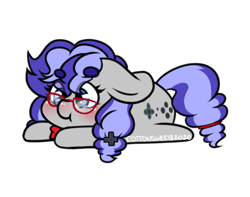 Size: 398x314 | Tagged: safe, artist:cottonsweets, part of a set, oc, oc only, oc:cinnabyte, earth pony, pony, :t, bean ych, blushing, chibi, cute, earth pony oc, eye clipping through hair, glasses, lying down, purple, simple background, solo, transparent background, ych result