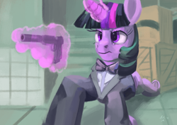 Size: 4960x3508 | Tagged: safe, artist:toisanemoif, twilight sparkle, pony, bowtie, clothes, crate, goldeneye, gun, handgun, magic, pistol, solo, suppressor, telekinesis, tuxedo, walther ppk, weapon