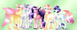 Size: 5995x2400 | Tagged: safe, artist:clay-bae, fluttershy, rarity, oc, oc:alto, oc:meadow lark (clay-bae), oc:sweets, pegasus, pony, unicorn, alternate design, alternate hairstyle, feathered fetlocks, female, flarity, high res, lesbian, magical lesbian spawn, mare, offspring, parent:fluttershy, parent:rarity, parents:flarity, shipping, two toned wings, unshorn fetlocks, wings