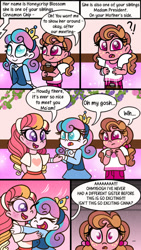 Size: 562x1000 | Tagged: safe, artist:carouselunique, princess flurry heart, oc, oc:cinnamon chip, oc:honeycrisp blossom, comic:little blossom lost, series:sciset diary, equestria girls, clipboard, clothes, comic, equestria girls-ified, female, flower, half-siblings, interdimensional siblings, offspring, older, older flurry heart, parent:big macintosh, parent:princess cadance, parent:shining armor, parents:cadmac, parents:shiningcadance