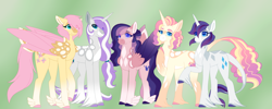 Size: 5995x2400 | Tagged: safe, alternate version, artist:clay-bae, fluttershy, rarity, oc, oc:alto, oc:meadow lark (clay-bae), oc:sweets, pegasus, pony, unicorn, alternate design, alternate hairstyle, feathered fetlocks, female, flarity, high res, lesbian, magical lesbian spawn, mare, offspring, parent:fluttershy, parent:rarity, parents:flarity, shipping, two toned wings, unshorn fetlocks, wings