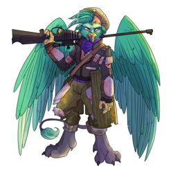 Size: 3000x3000 | Tagged: safe, artist:sourcherry, oc, anthro, griffon, fallout equestria, angry, armor, beret, bipedal, clothes, gun, hat, rifle, scar, scarf, sniper rifle, soldier, solo, standing, wasteland ventures, weapon, wings