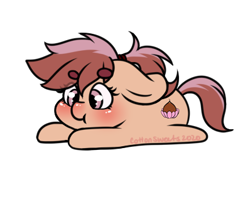 Size: 398x314 | Tagged: safe, artist:cottonsweets, part of a set, oc, earth pony, pony, :t, bean ych, blushing, chestnut, chibi, cute, eye clipping through hair, lying down, pink, ponytail, simple background, solo, transparent background, ych result