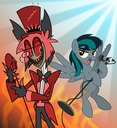 Size: 2000x2197 | Tagged: safe, artist:aleximusprime, oc, oc:blackgryph0n, demon, pegasus, alastor, birthday gift, blackgryph0n, bowtie, clothes, crossover, fire, floating, flying, hat, hazbin hotel, light, microphone, singing, suit