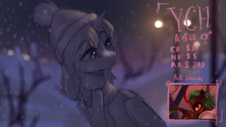 Size: 1920x1080 | Tagged: safe, artist:vincher, derpibooru import, pony, clothes, evening, hat, scarf, snow, snowfall, winter, your character here