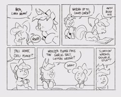 Size: 2048x1640 | Tagged: safe, artist:kylesmeallie, apple bloom, applejack, earth pony, pony, book, bow, comic, cowboy hat, female, filly, grayscale, hair bow, hat, mare, monochrome, mouth hold, pencil, siblings, sisters